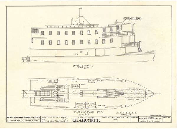 Technical Drawings of the Steamboat Okahumkee, ca. 1938