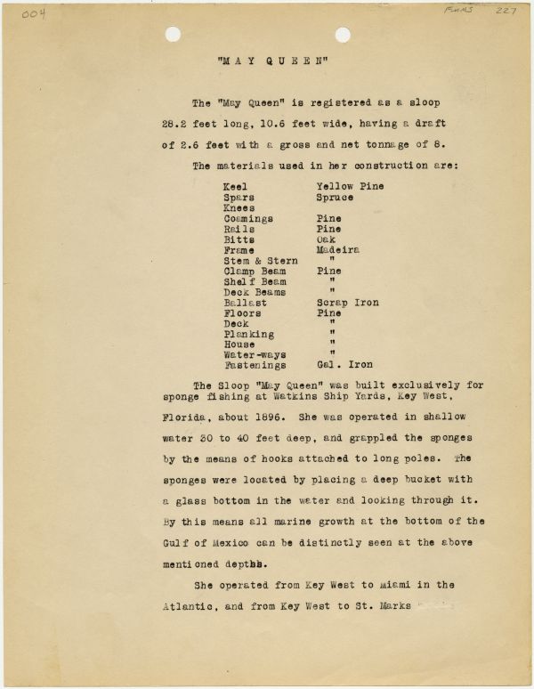 Historical Sketch of the Sloop May Queen, Built ca. 1896