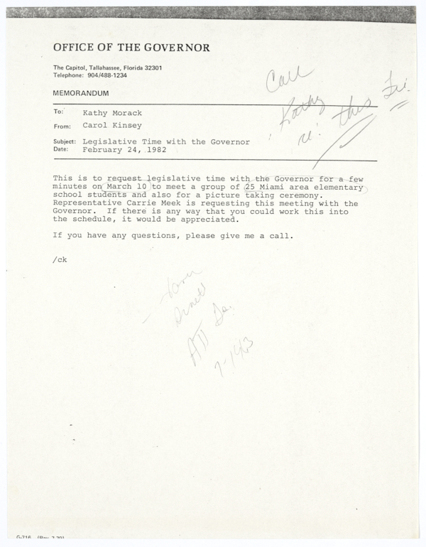 Memorandum to Kathy Morack from Carol Kinsey Requesting That Governor Bob Graham Visit with a Group of Miami Elementary School Students, February 24, 1982