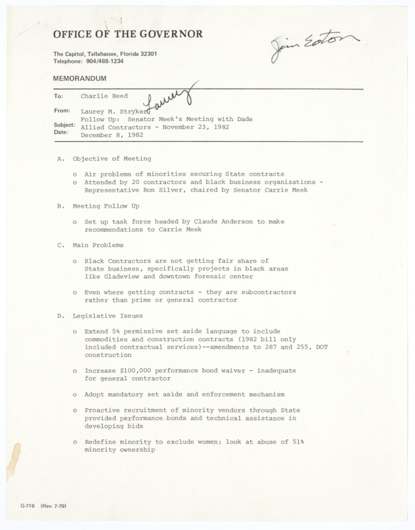 Correspondence Regarding a Meeting Between Government Officials and Allied Contractors of Dade County, 1982