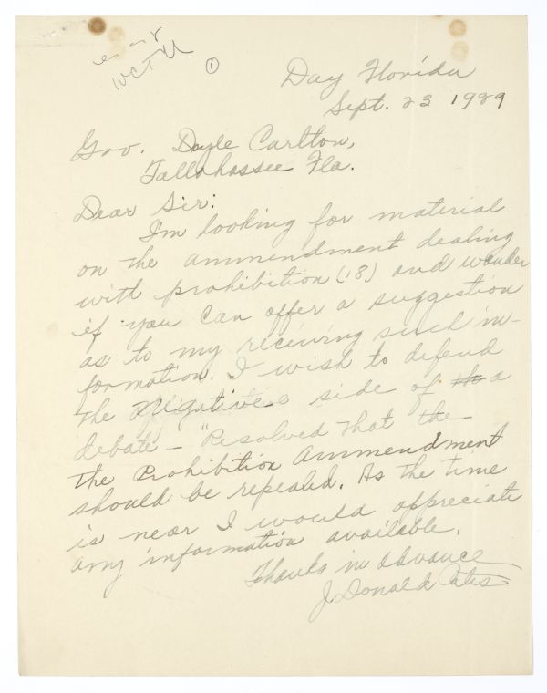 Correspondence Between J. Donald Cates and Governor Doyle Carlton Regarding the Eighteenth Amendment, 1929