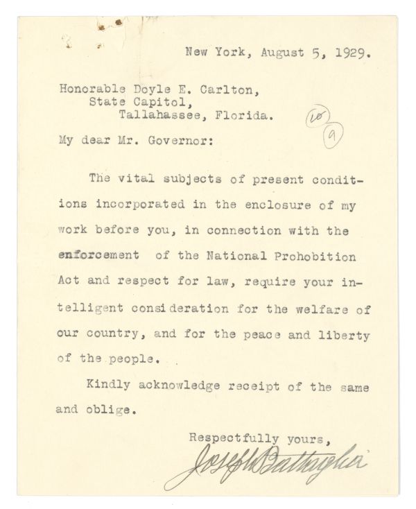 Letter from Joseph Battaglia to Governor Doyle Carlton Regarding Prohibition, August 5, 1929