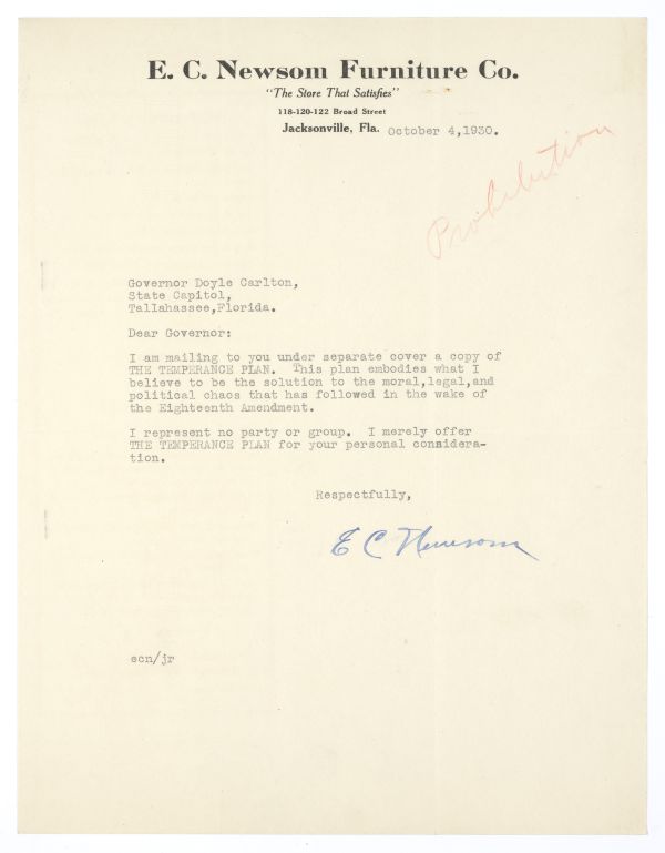 Letter from E.C. Newsome of Jacksonville to Governor Doyle Carlton Regarding a New National Plan for Temperance, October 4, 1930