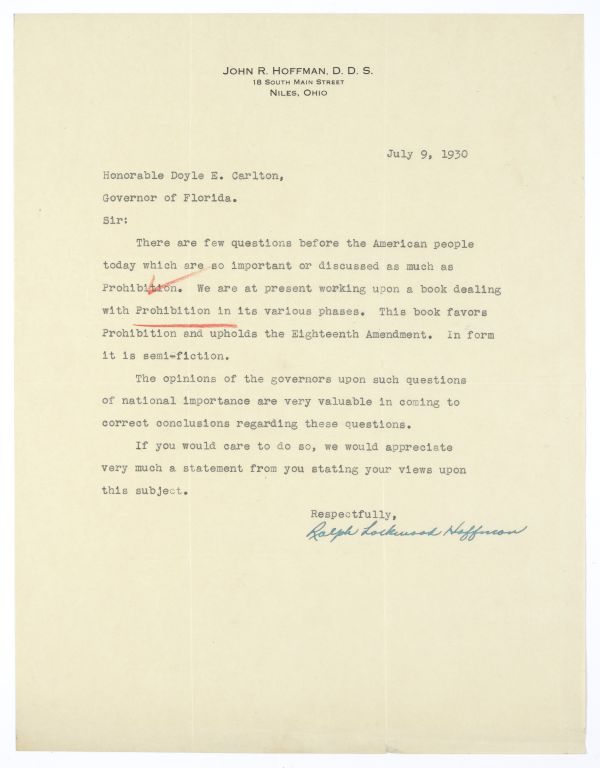 Letter from Ralph Lockwood Hoffman to Governor Doyle Carlton Regarding Prohibition, July 9, 1930