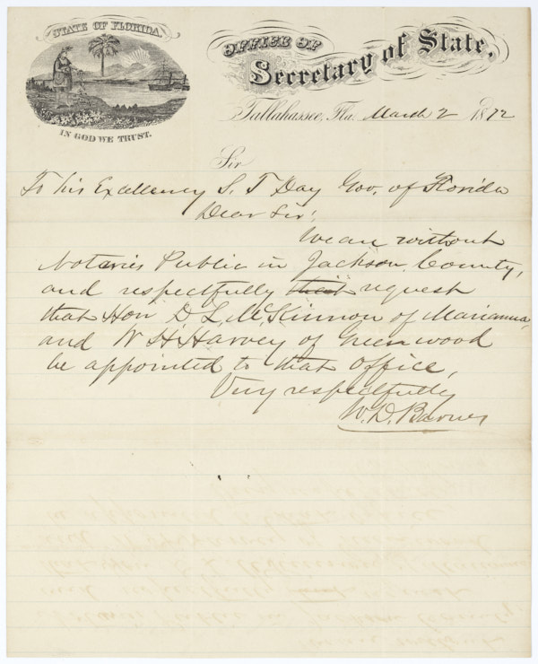 Letter from William D. Barnes to Acting Governor Samuel T. Day Asking for Notaries Public to Be Appointed for Jackson County, March 2, 1872