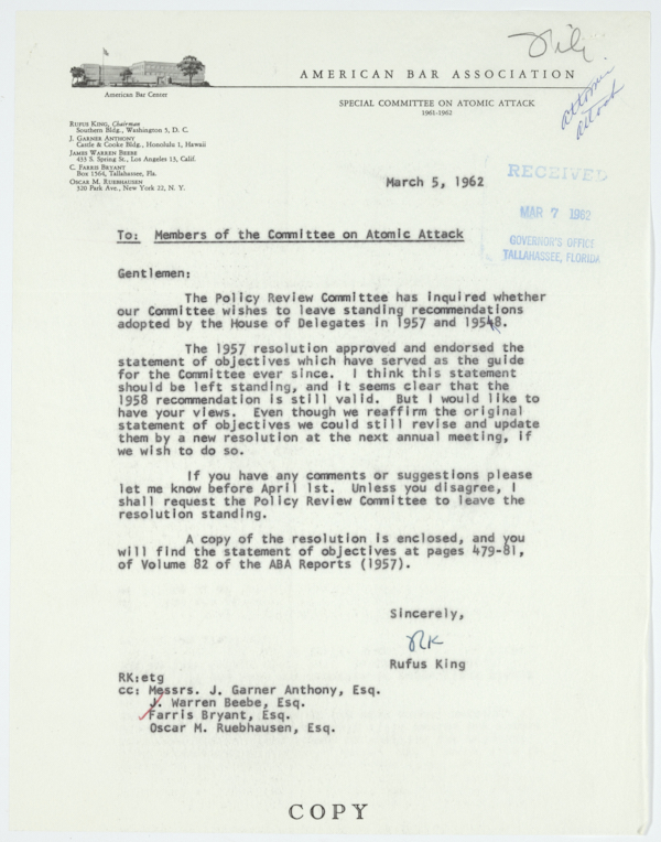 Letter from Rufus King of the American Bar Association's Special Committee on Atomic Attack to Committee Members Regarding Policy Recommendations, March 5, 1962