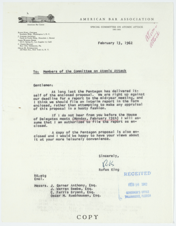 Letter from Rufus King to Members of the American Bar Association's Special Committee on Atomic Attack Regarding a Proposed Bill from the Department of Defense, February 13, 1962