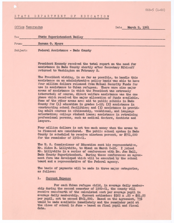 Memorandum from Herman O. Myers to Thomas D. Bailey Regarding Federal Aid for Education of Cuban Refugees in Dade County, March 9, 1961