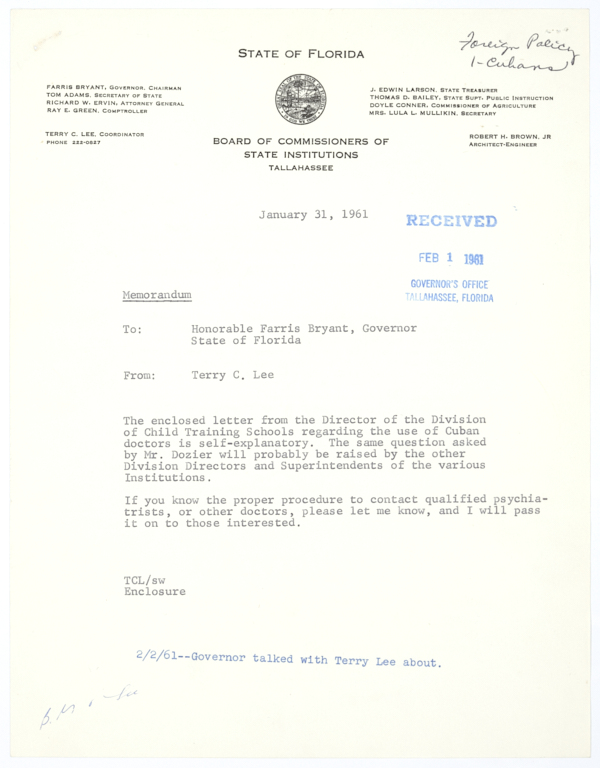 Correspondence Regarding the Use of Cuban Doctors in State Institutions, 1961