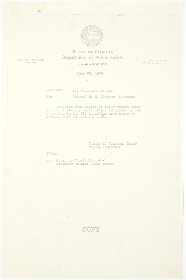 Daily Reports on Civil Rights Demonstrations and Counter-Demonstrations in St. Augustine, June 10-22, 1964