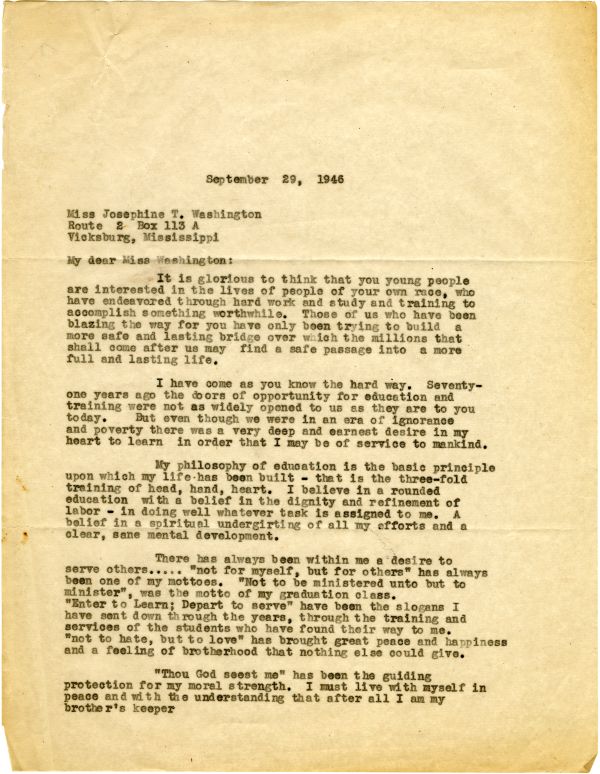 Letter from Mary McLeod Bethune to Josephine T. Washington, 1946