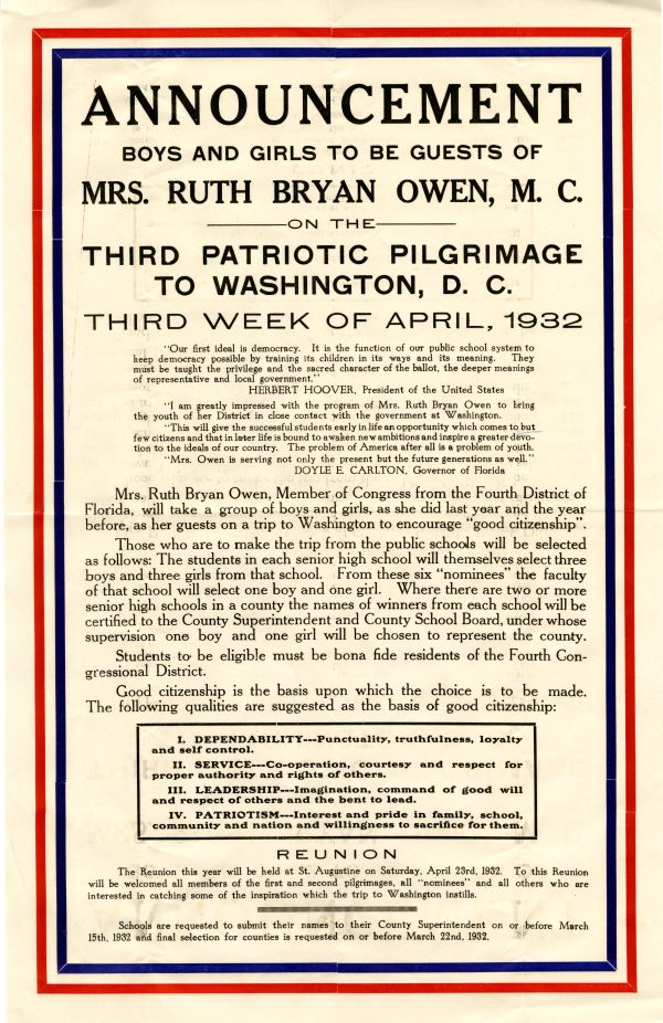 Poster Announcing Ruth Bryan Owen's Third Patriotic Pilgrimage, 1932