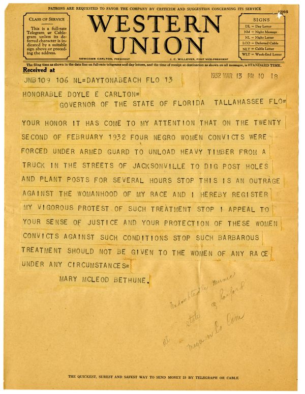 Telegram from Mary McLeod Bethune to Governor Doyle Carlton Protesting the Use of Black Female Convicts for Carrying and Installing Heavy Posts in Jacksonville, 1932