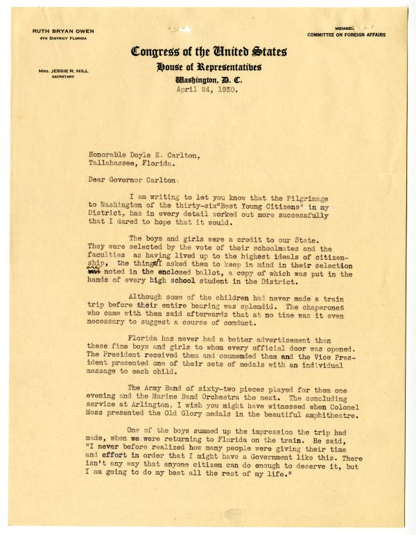 Letter from Congresswoman Ruth Bryan Owen to Governor Doyle Carlton, 1930