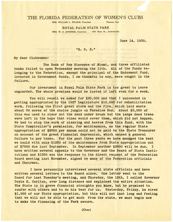 Letter from May Mann Jennings to Members of the Florida Federation of Women's Club, 1930