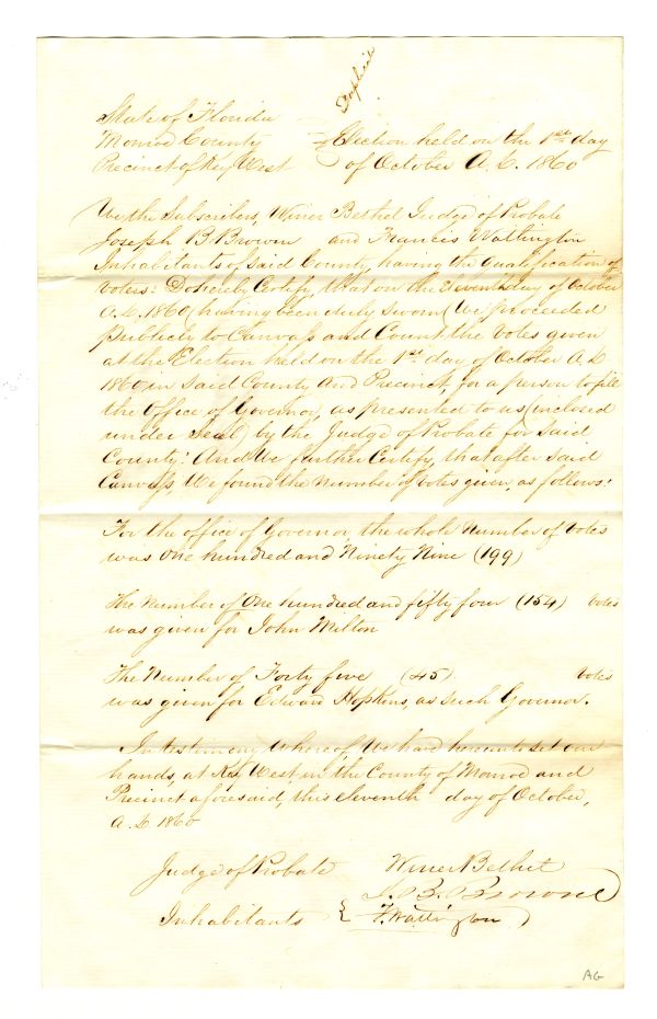 Election return for Key West in Monroe County, October 1, 1860.