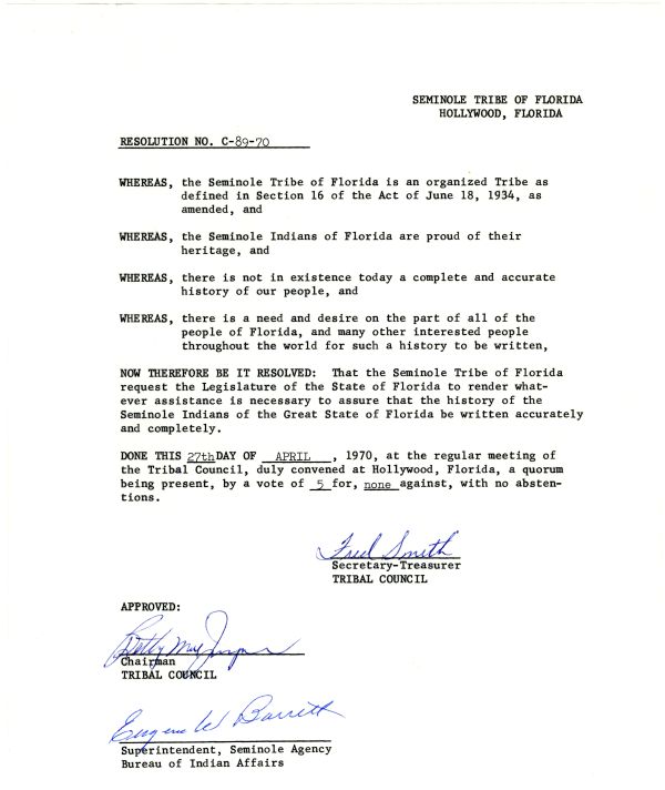 Letter with Three Resolutions from Joe Dan Osceola to Sam H. Brewer Jr., 1970