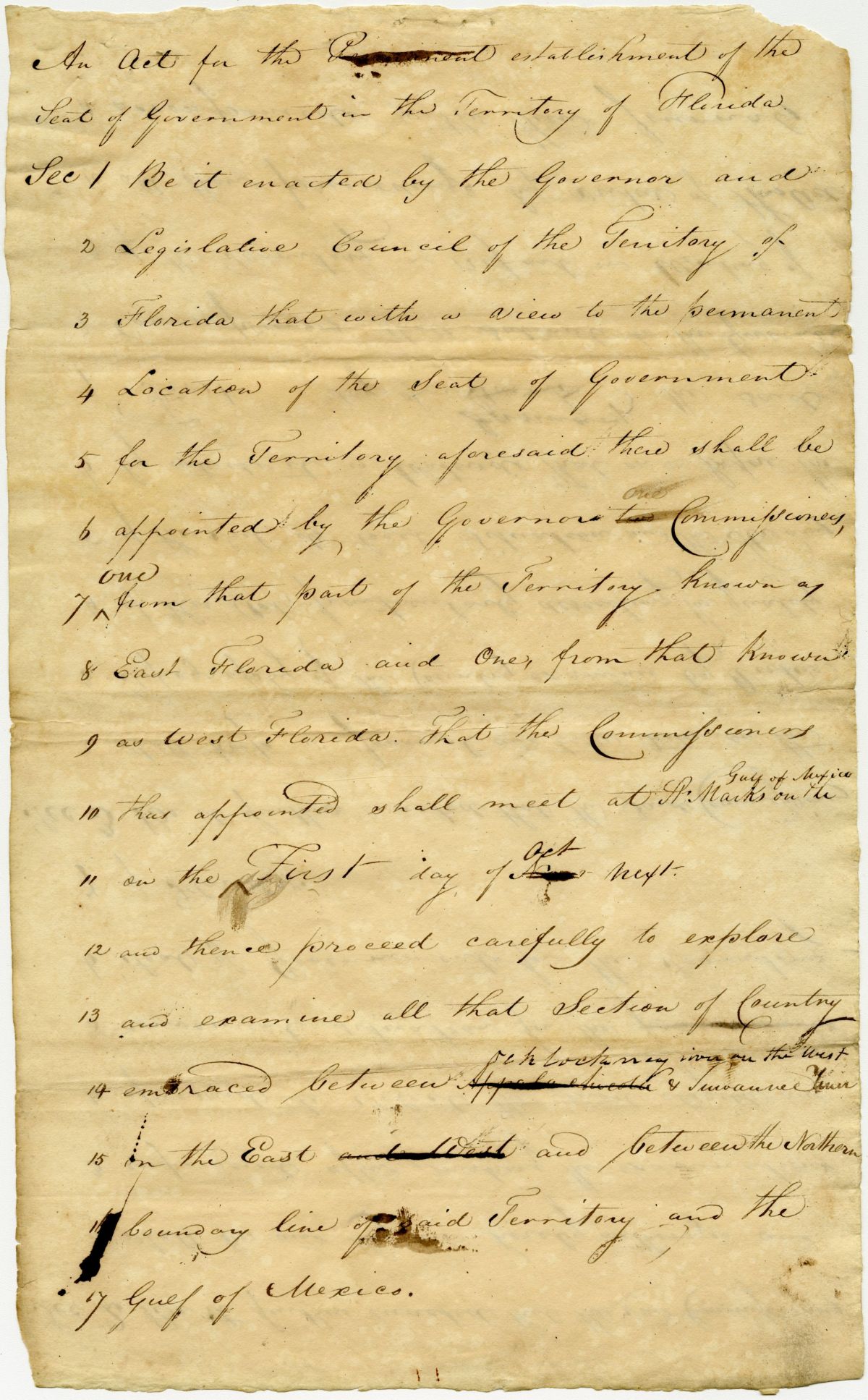 Draft of an Act for the Establishment of the Seat of Government in the Territory of Florida, 1823