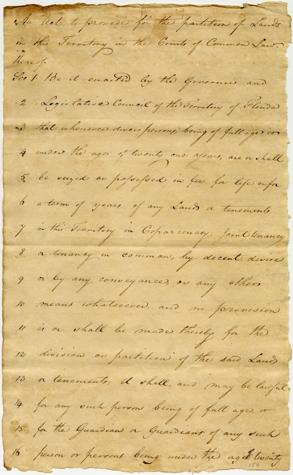 Draft of an Act Creating a Process for Partitioning Land in the Territory of Florida, 1823