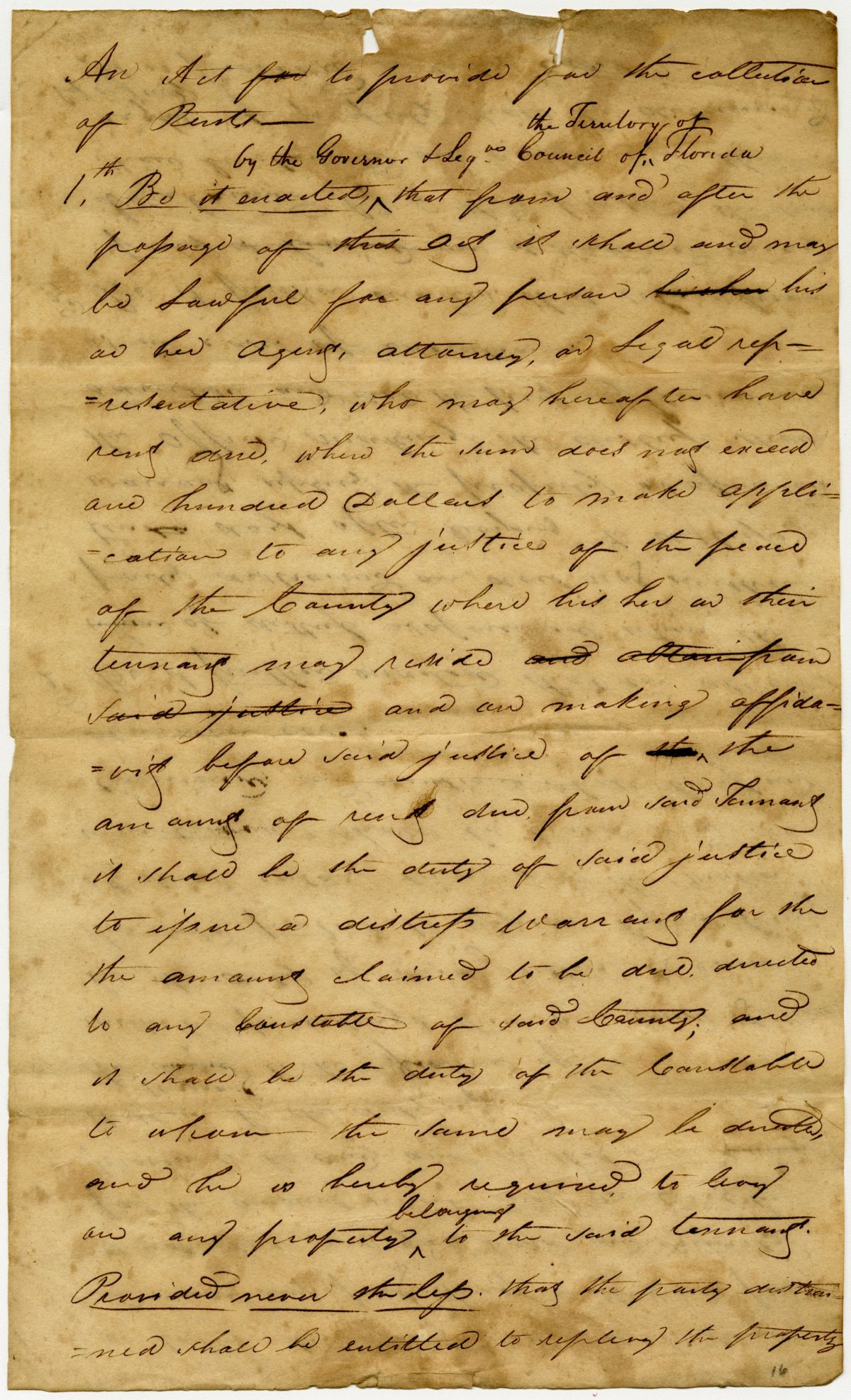 Draft of an Act to Provide for the Collection of Rents in the Territory of Florida, 1823