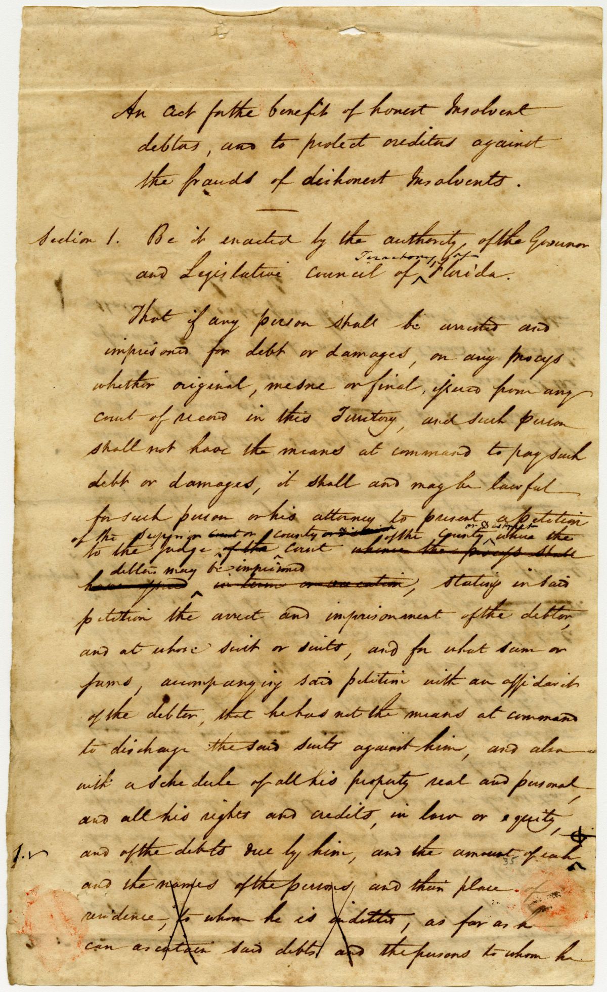 Draft of an Act Regulating Debtors, Creditors, Fraud, and Insolvency in the Territory of Florida, 1823