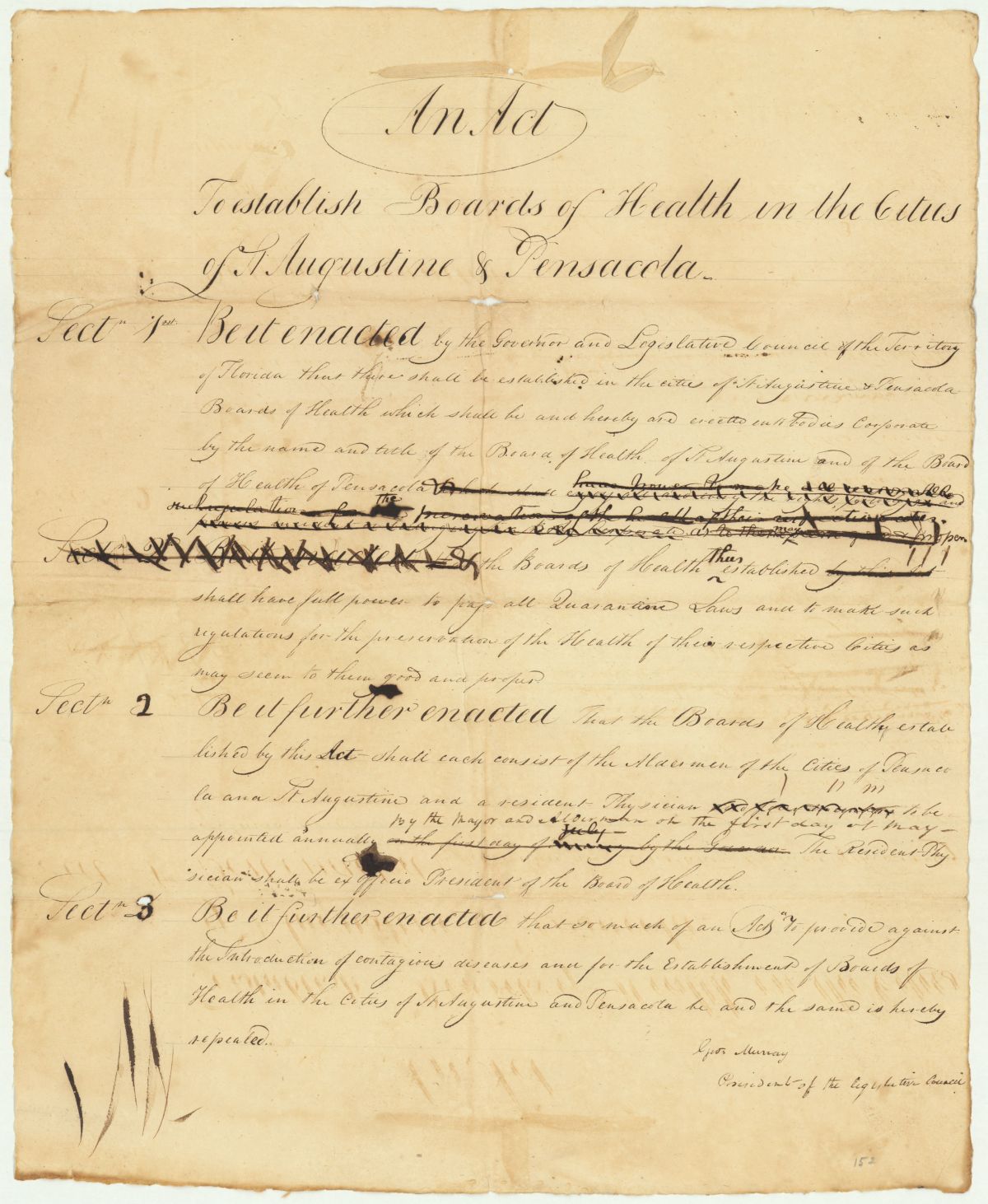 Draft of an Act to Establish Boards of Health in Saint Augustine and Pensacola, 1823