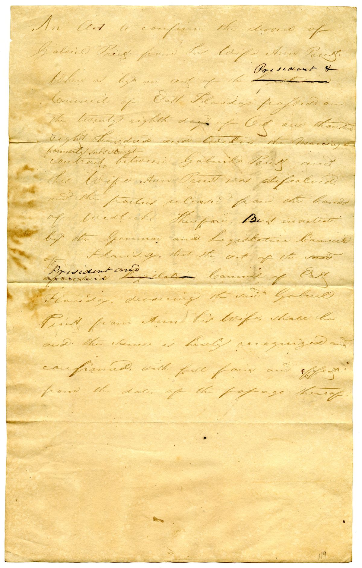 Draft of an Act Confirming the Divorce of Gabriel and Ann Priest, 1824