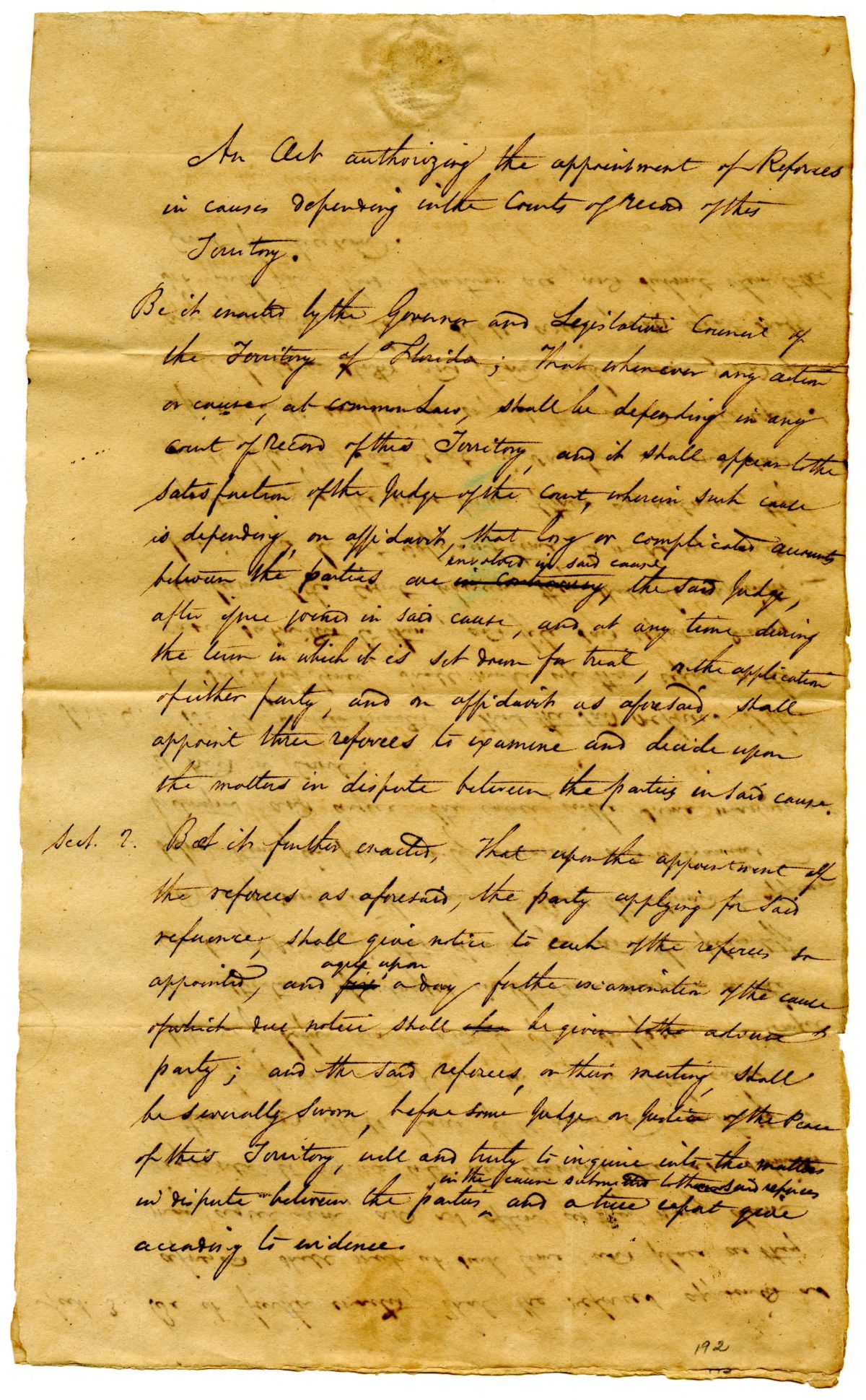 Draft of an Act Authorizing the Appointment of Special Referees in the Territory of Florida, 1824