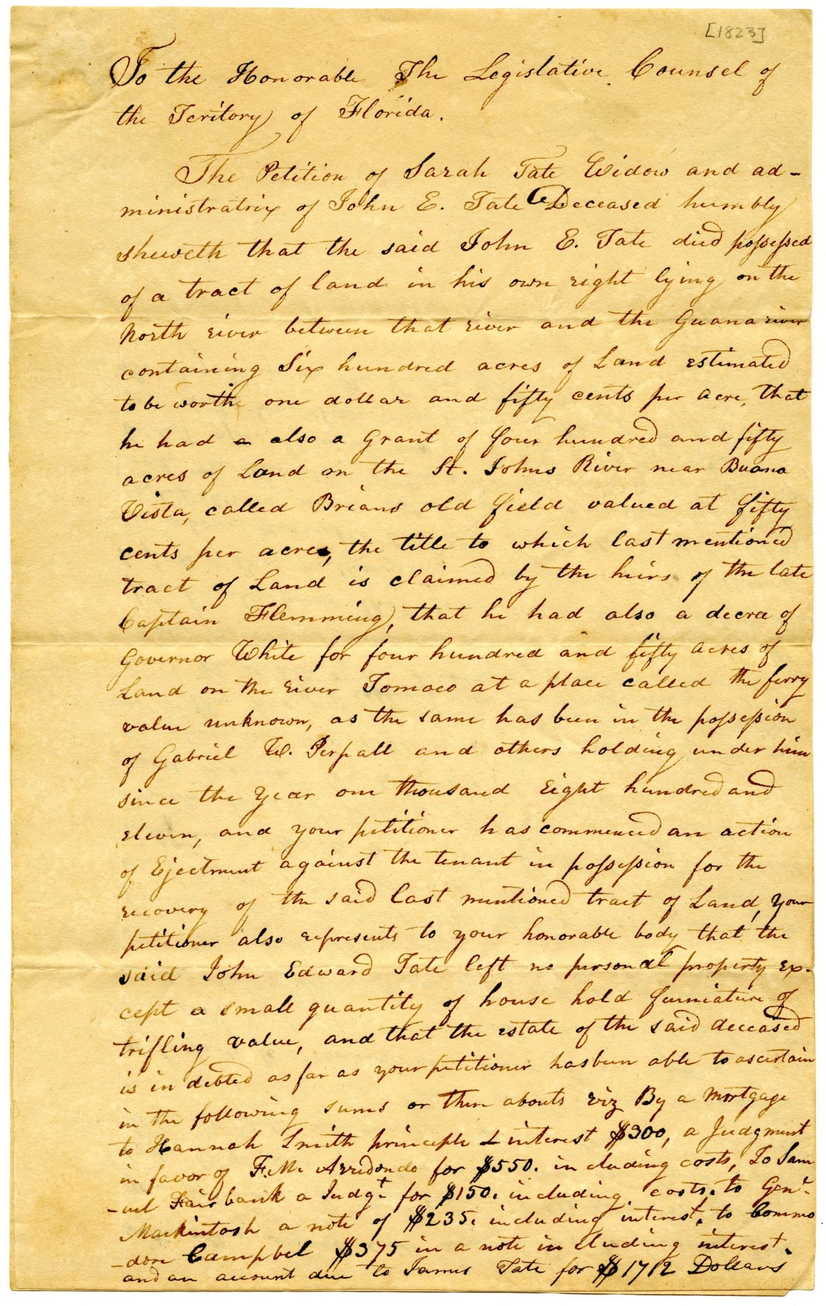 Petition of Sarah Tate, Widow and Administratrix, for the Right to Administer Her Husband's Estate, 1823