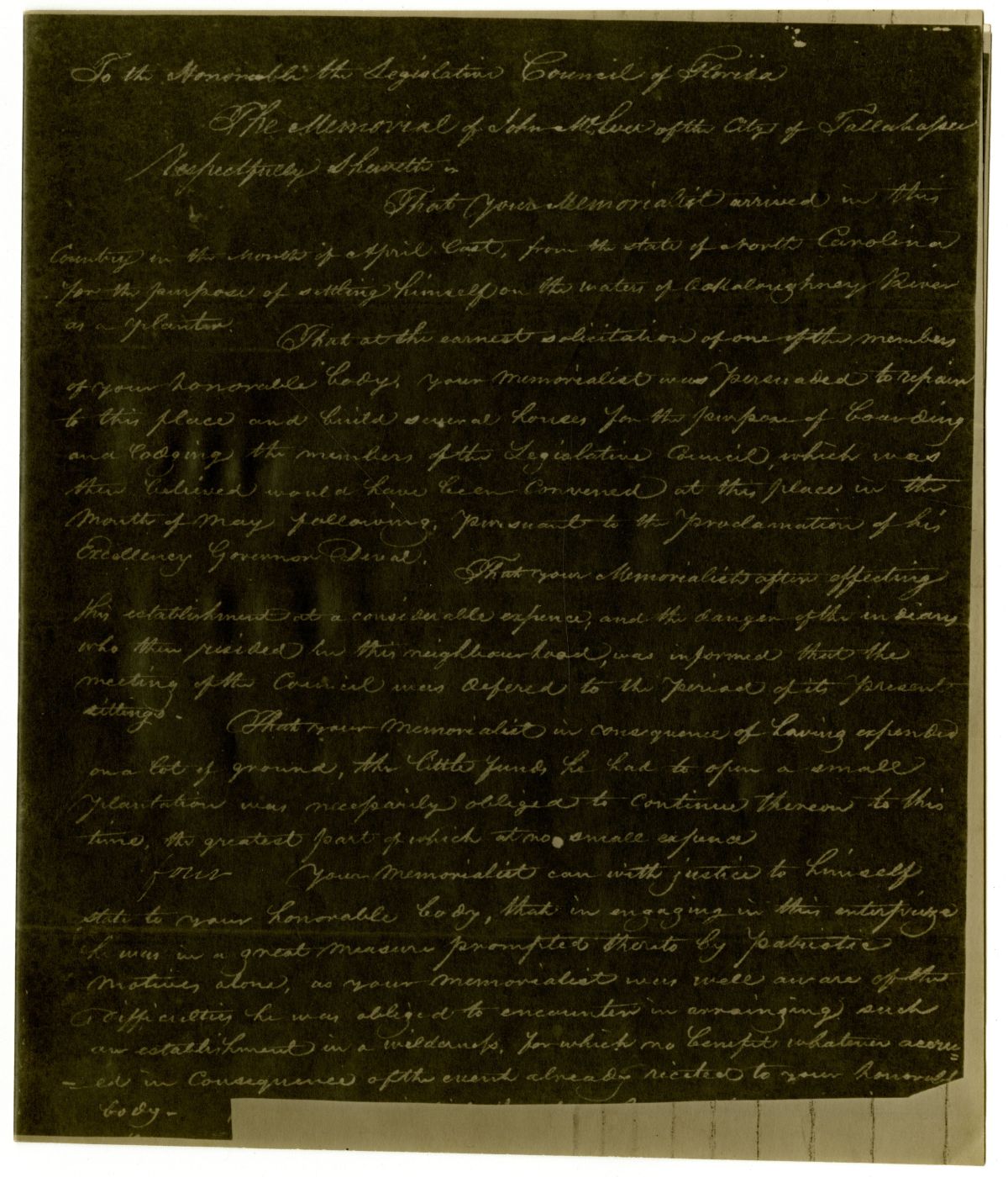 Petition from John McIver Requesting Appointment as Auctioneer to Sell Town Lots in Tallahassee, 1824