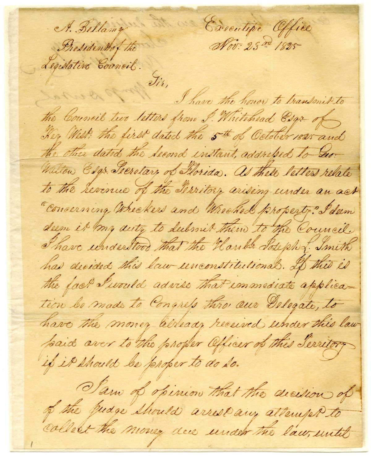 Letter from Governor William Pope Duval to the President of the Territorial Legislative Council Concerning a Law on Wrecked Property, 1825