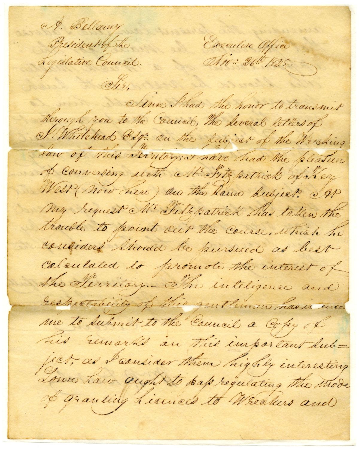 Letter from Governor William Pope Duval to the President of the Territorial Legislative Council Concerning the Regulation of Wreckers, 1825