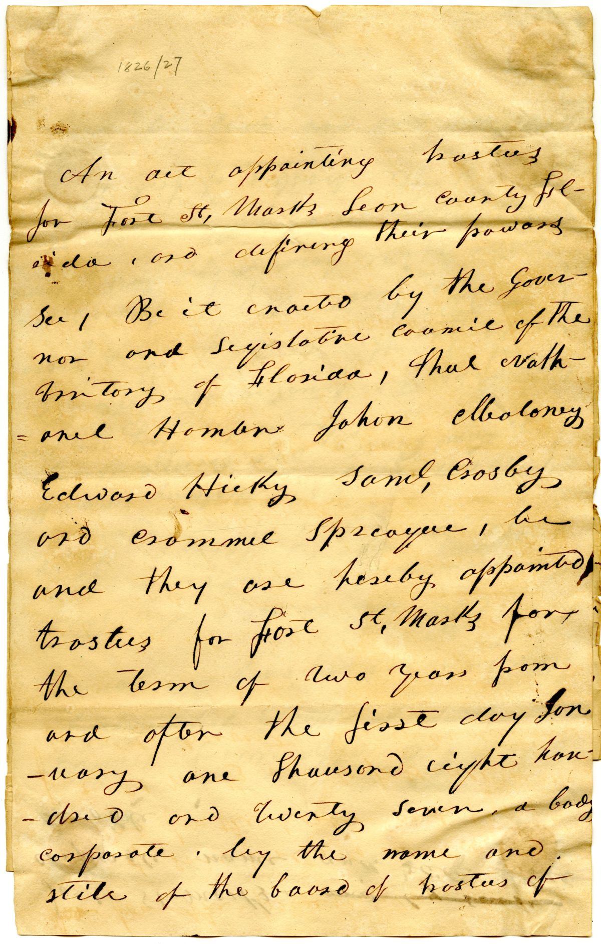 Draft of an Act Appointing Trustees for Fort Saint Marks, 1827