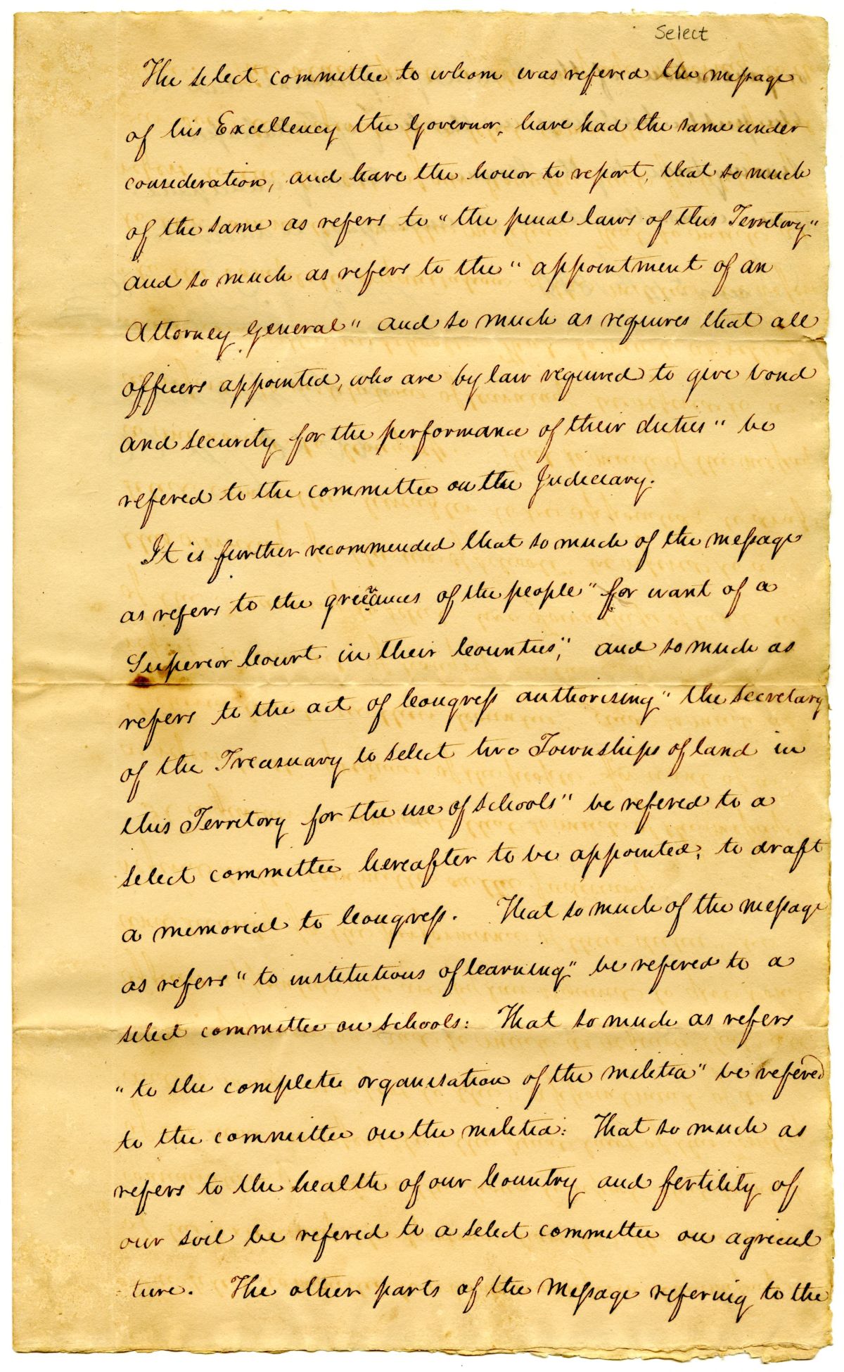 Report of the Select Committee Assigned to Review Governor Duval's Message, December 1826