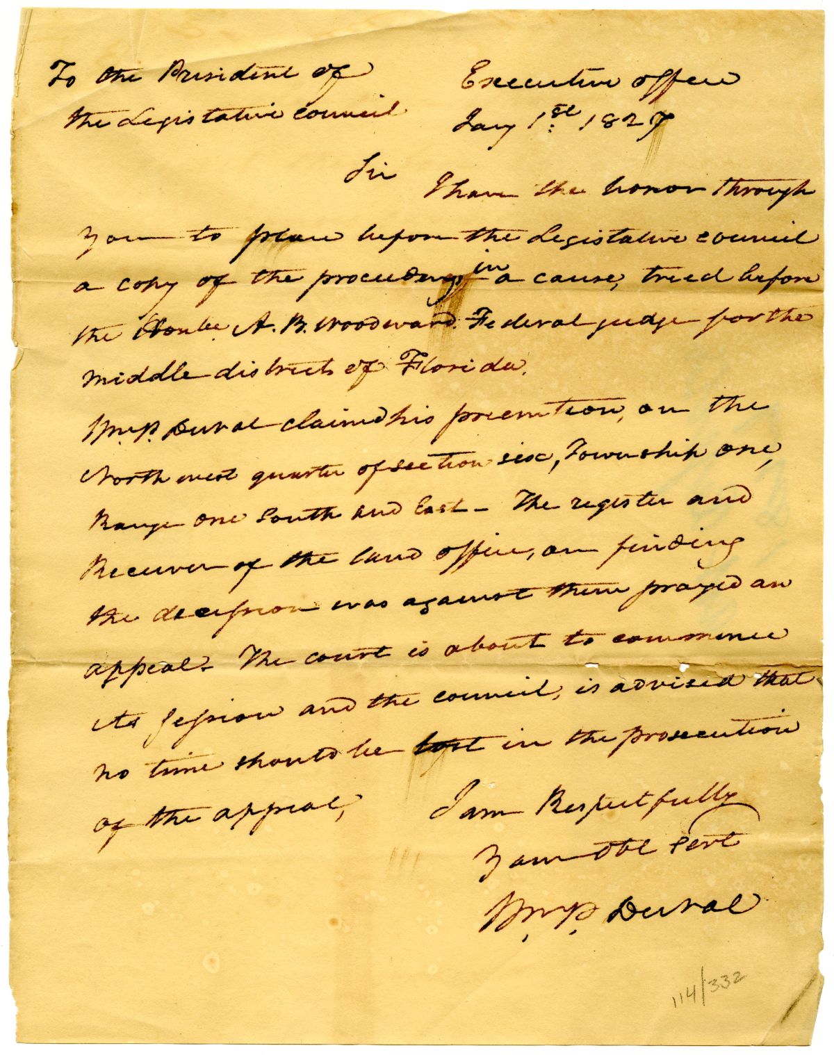 Letter from Governor William Pope Duval Informing the President of the Territorial Legislative Council of a Court Case, 1827