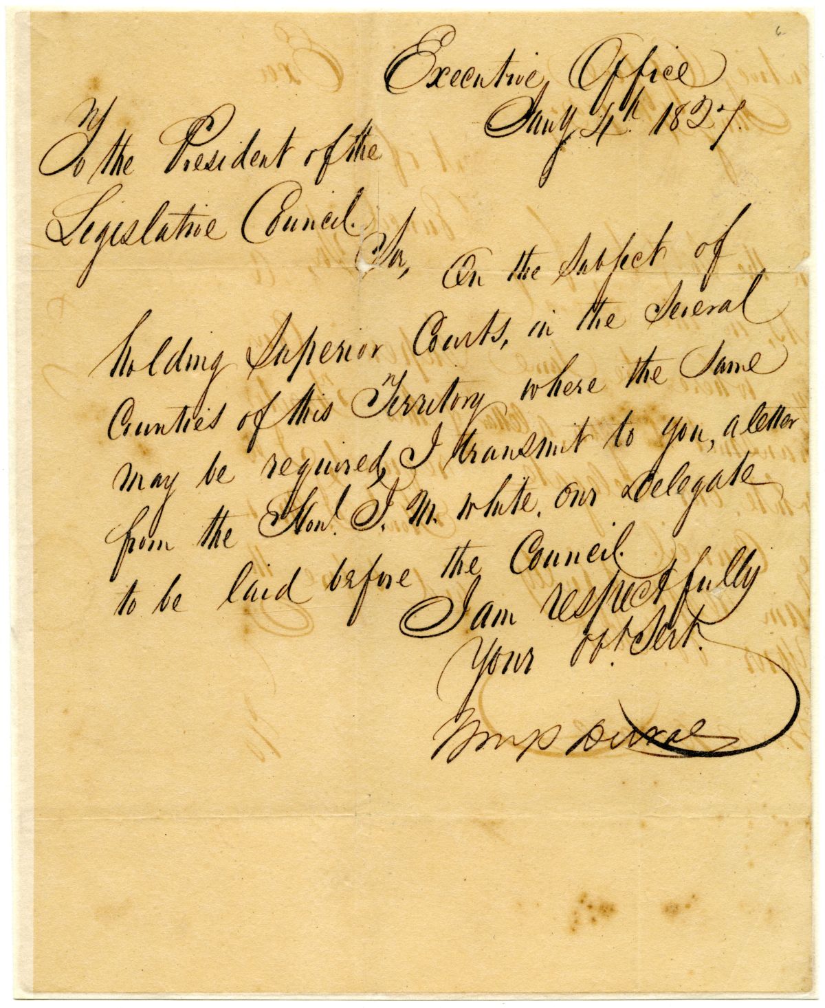 Letter from Governor William Pope Duval to the President of the Territorial Legislative Council Concerning Superior Courts, 1827