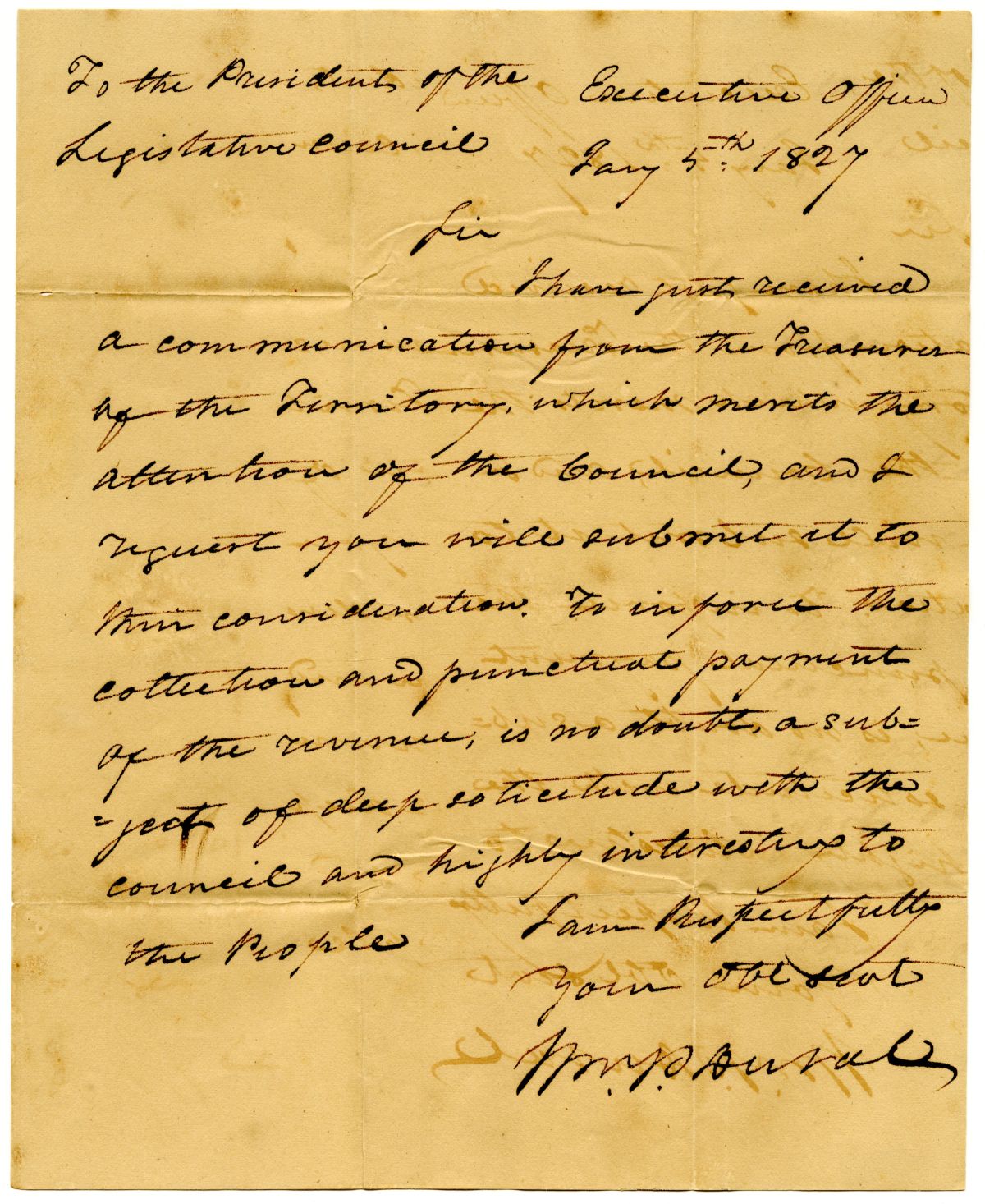 Letter from Governor William Pope Duval to the President of the Territorial Legislative Council Concerning Collection of Revenue, 1827