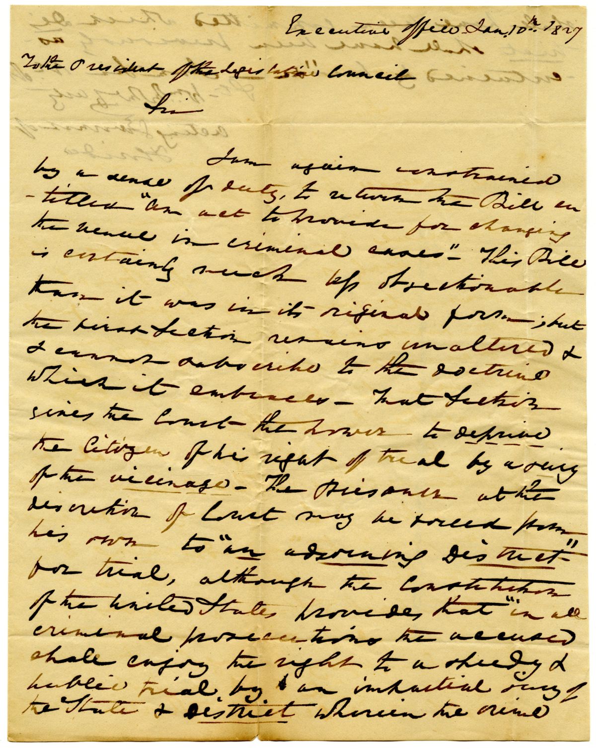 Letter from Governor William Pope Duval to the President of the Territorial Legislative Council Providing Objections to a Bill, 1827