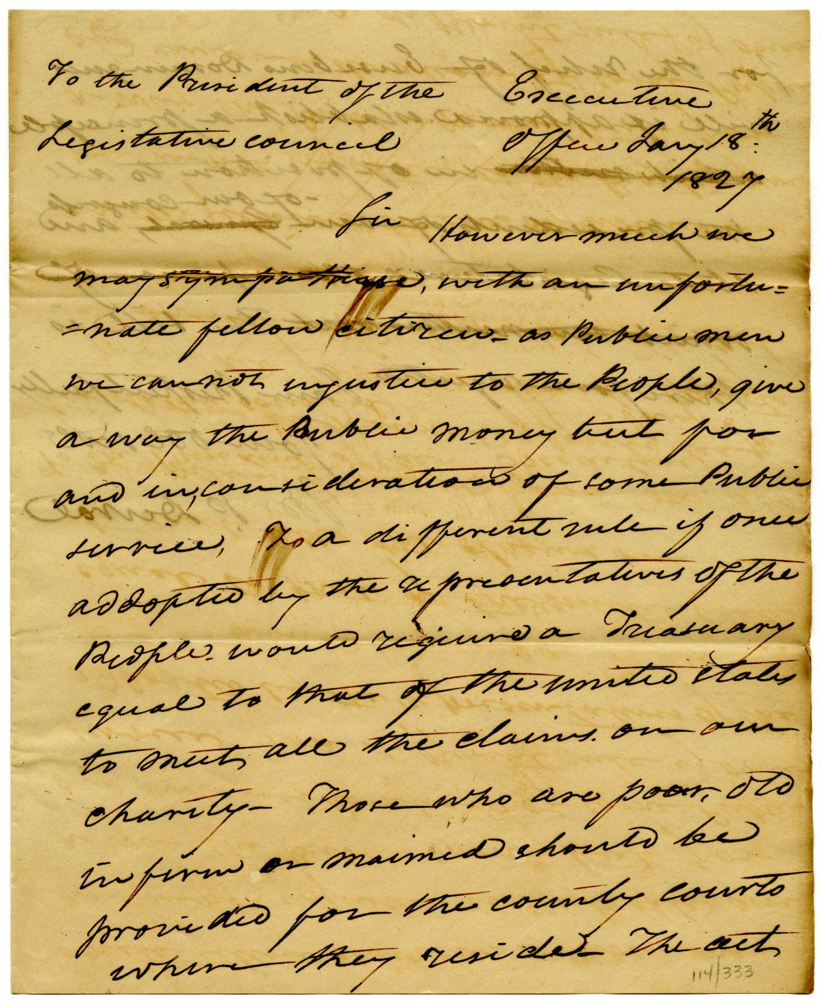 Letter from Governor William Pope Duval to the President of the Territorial Legislative Council Rejecting a Relief Bill, 1827