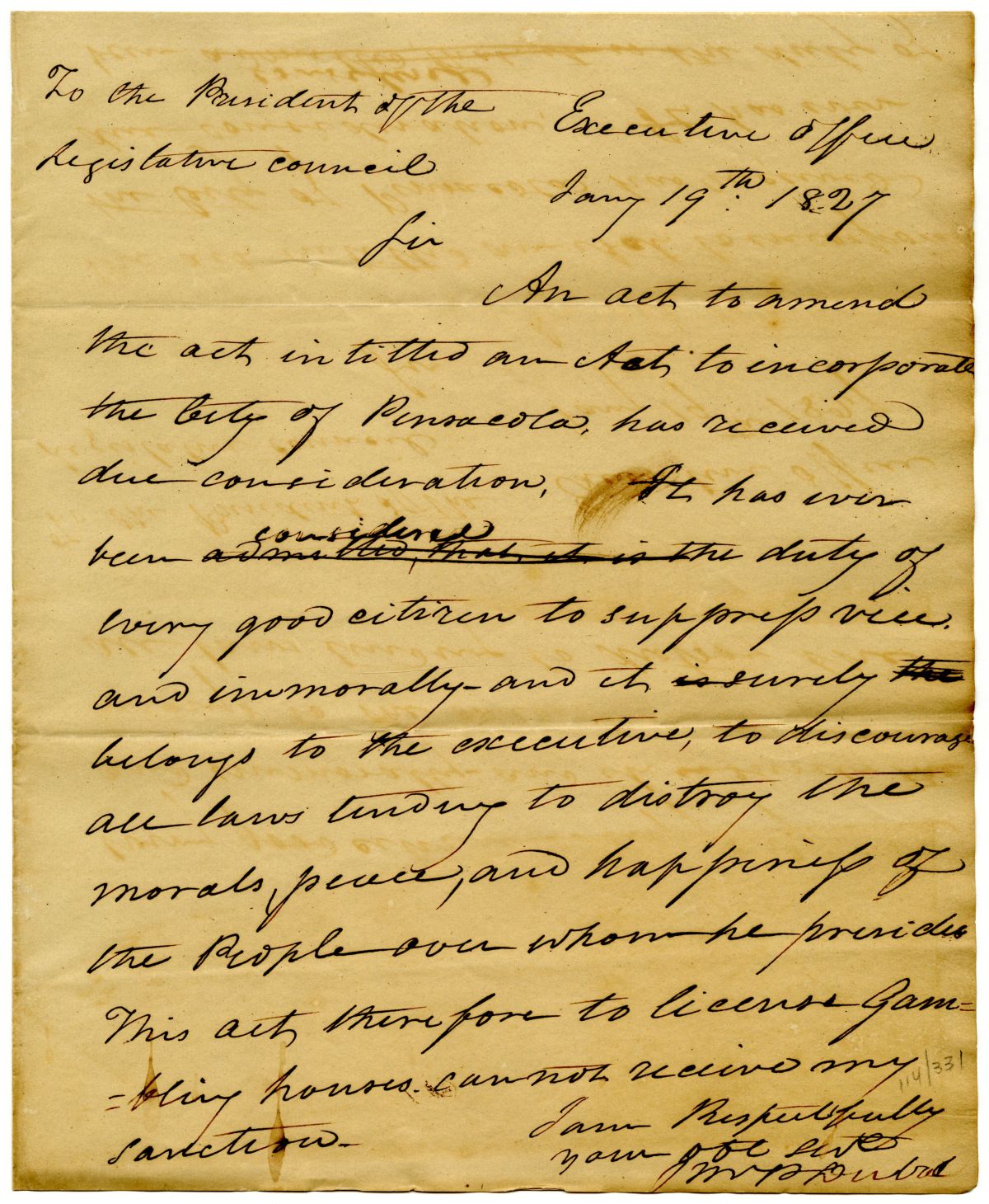 Letter from Governor William Pope Duval to the President of the Territorial Legislative Council Rejecting a Bill to Legalize Gambling in Pensacola, 1827