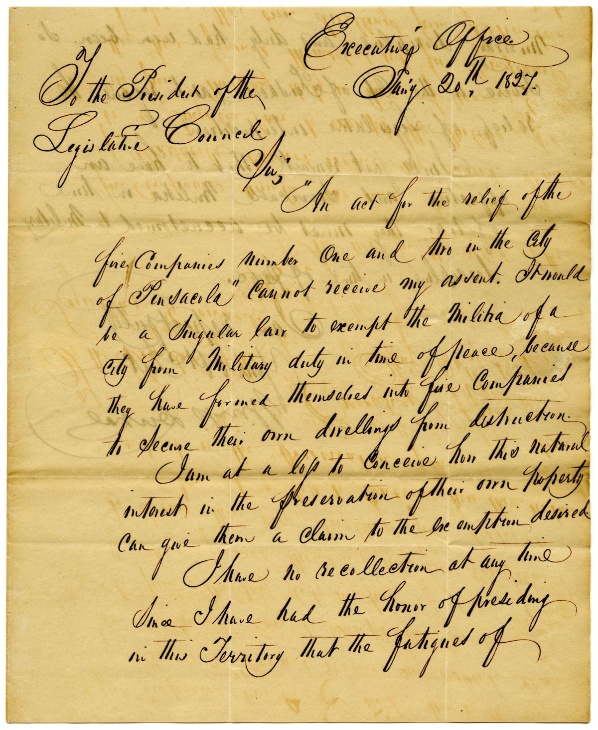 Letter from Governor William Pope Duval to the President of the Territorial Legislative Council Rejecting an Act for the Relief of Militia in Pensacola, 1827