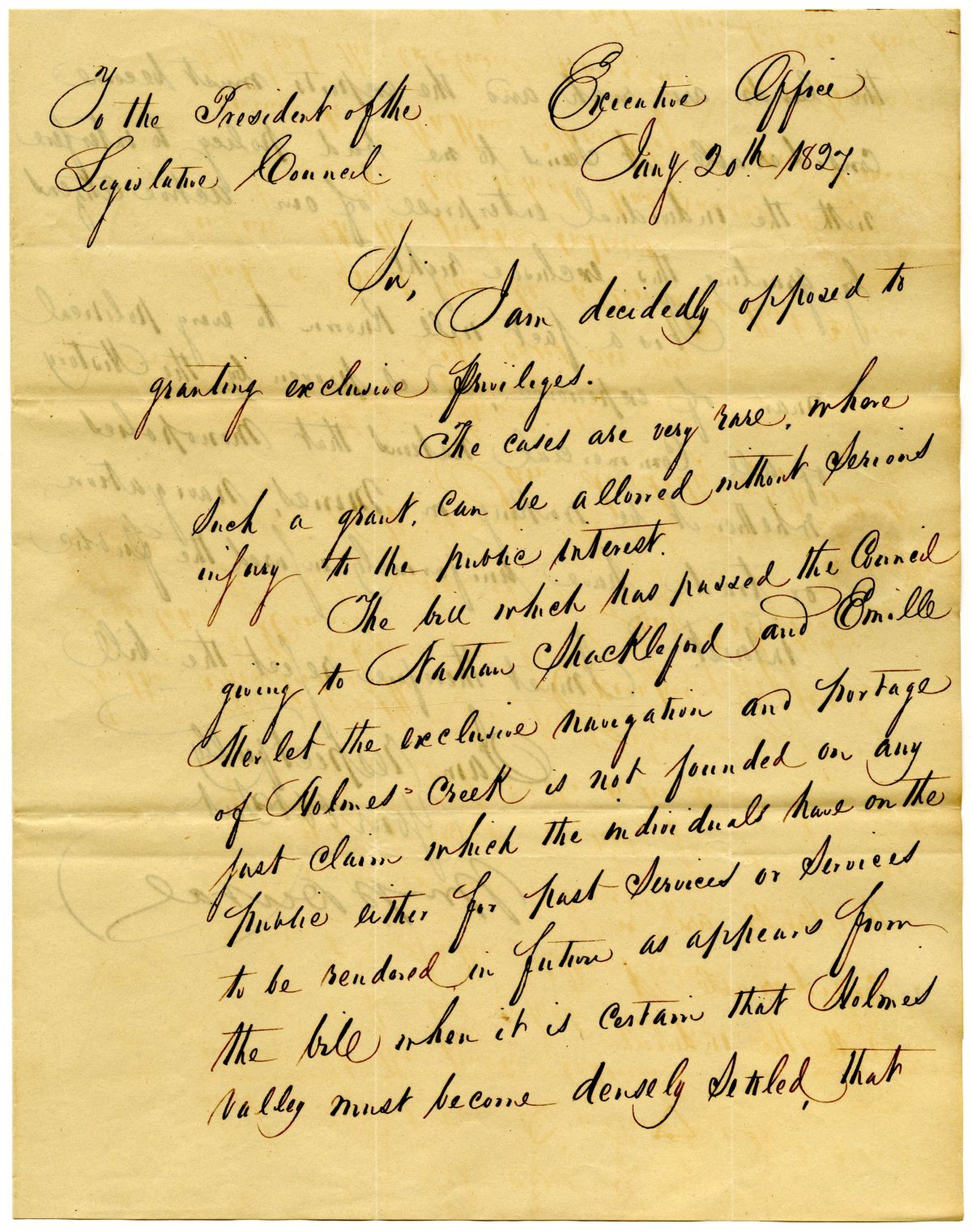 Letter from Governor William Pope Duval to the President of the Territorial Legislative Council Rejecting a Monopoly, 1827