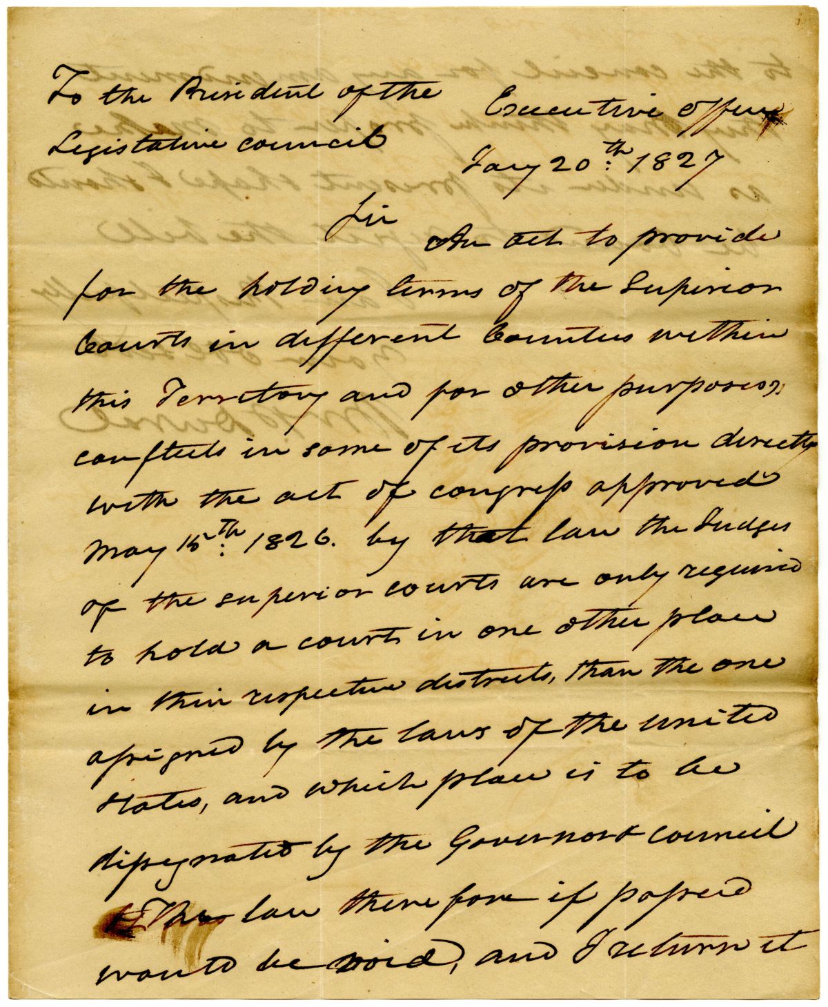 Letter from Governor William Pope Duval to the President of the Territorial Legislative Council Rejecting an Act that Conflicts with an Act of Congress, 1827