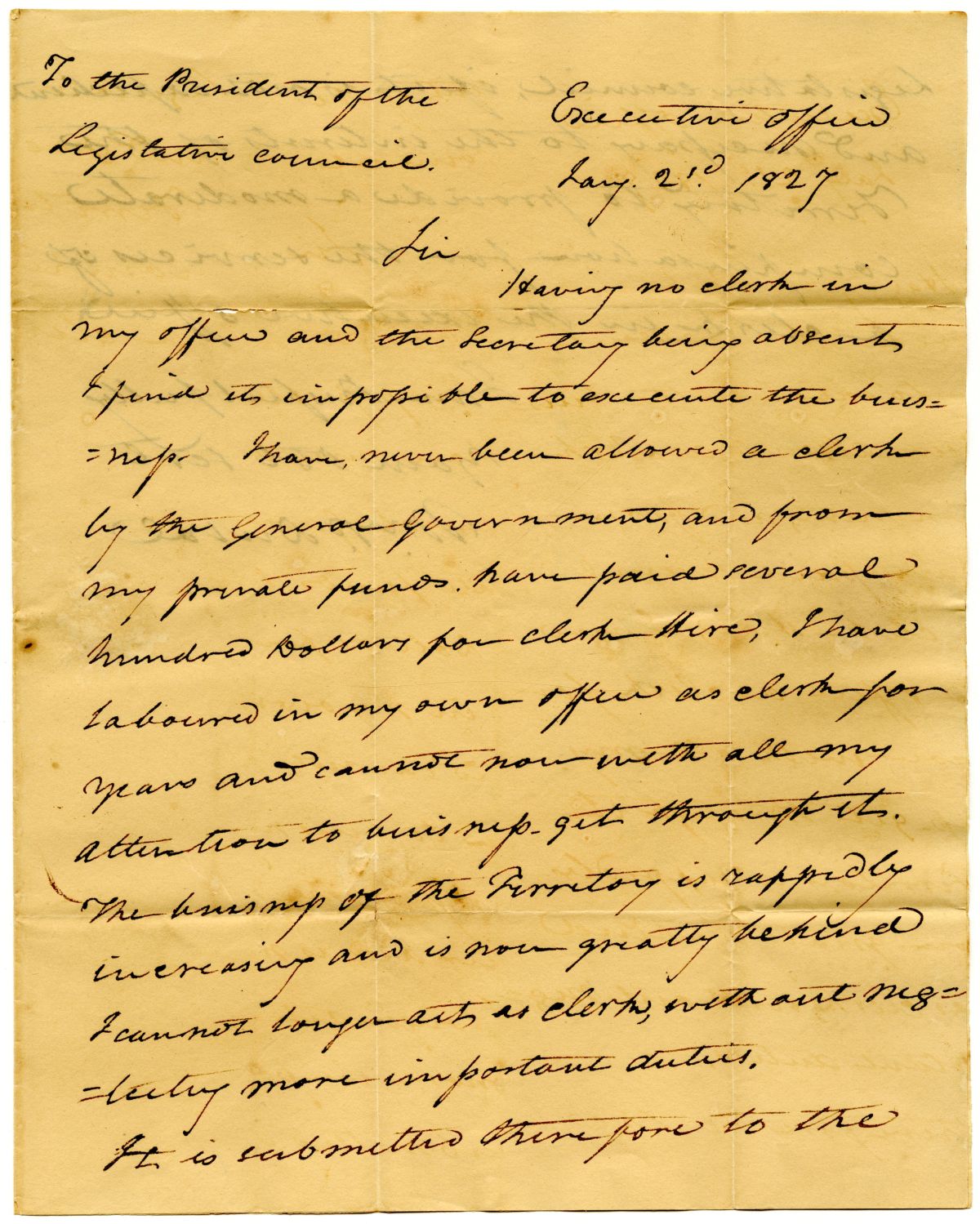 Letter from Governor William Pope Duval to the President of the Territorial Legislative Council Requesting a Clerk, 1827