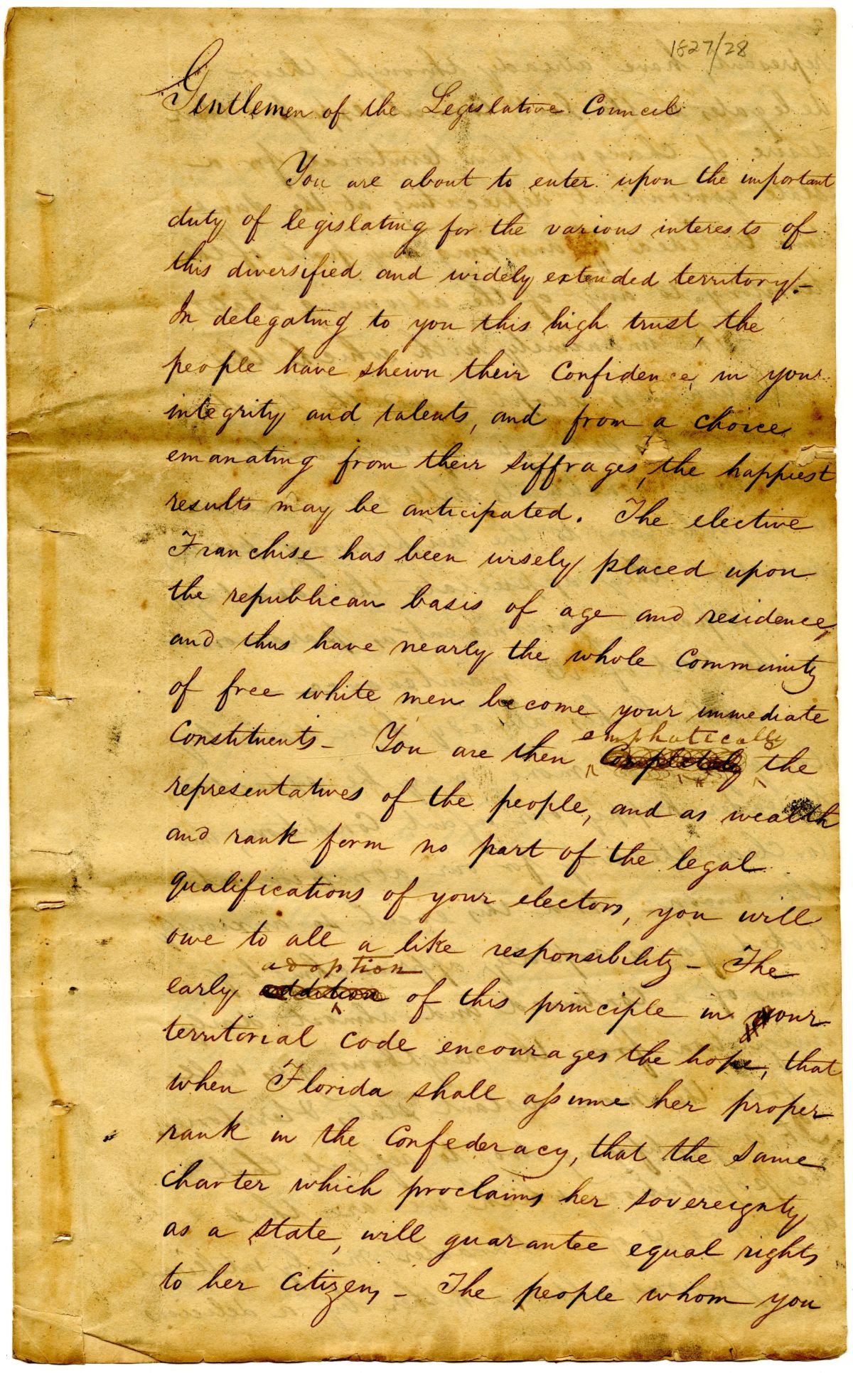 Address from Acting Governor William McCarty to the Territorial Legislative Council, 1827