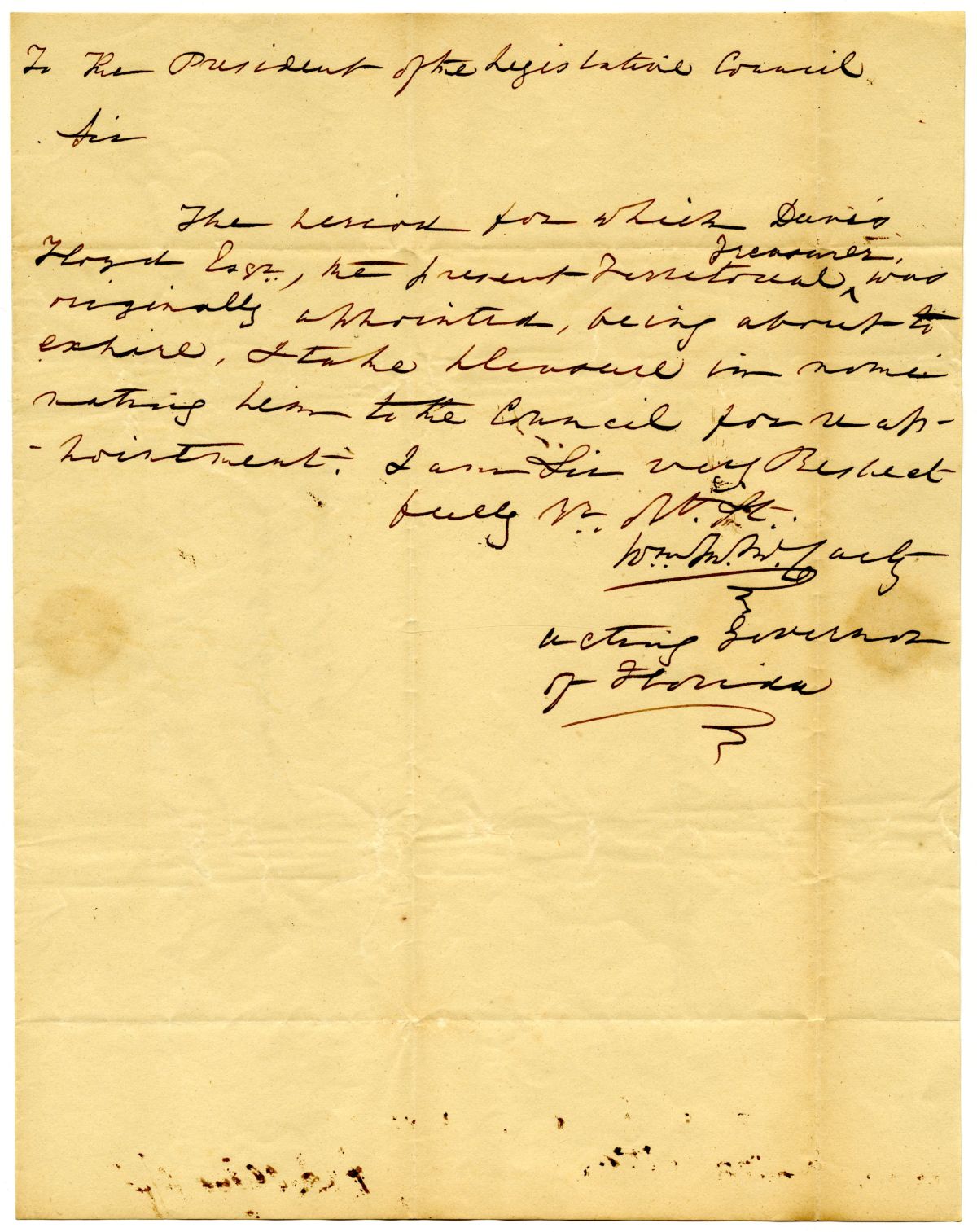 Letter from Acting Governor William McCarty to the President of the Territorial Legislative Council Suggesting the Reappointment of the Treasurer, 1827