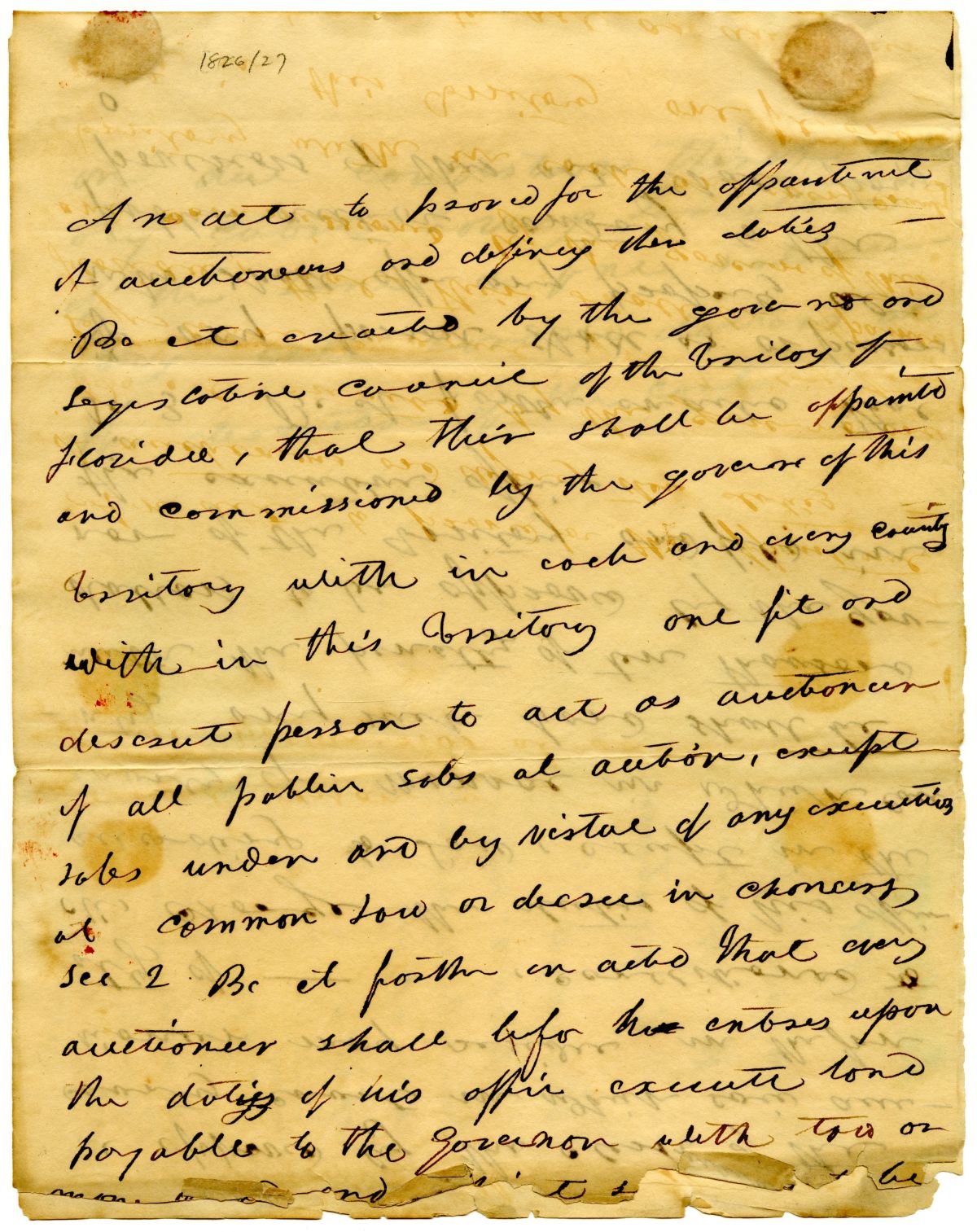 Draft of an Act to Provide for the Appointment of Auctioneers in the Florida Territory, circa 1827