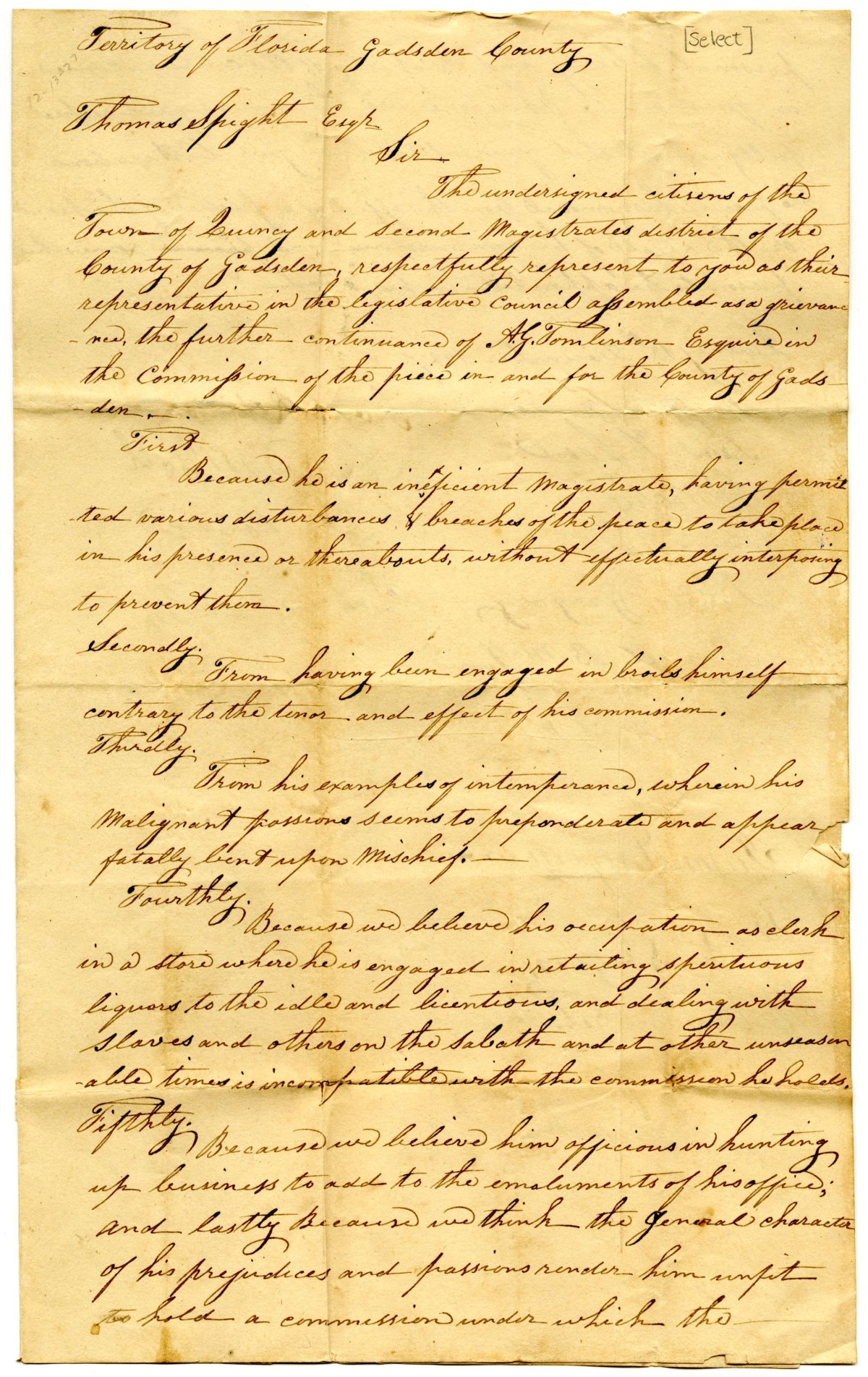 Petition of Citizens of Quincy Requesting the Removal of Justice of the Peace A. G. Tomlinson, 1827