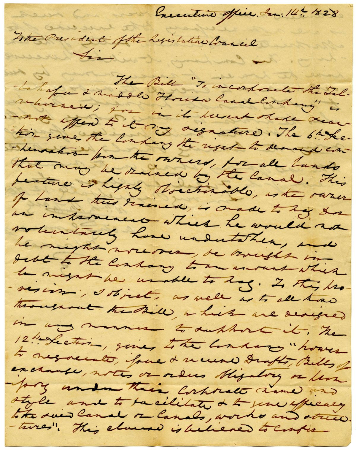 Letter from Acting Governor William McCarty to the President of the Territorial Legislative Council Rejecting a Bill for a Canal Company, 1828