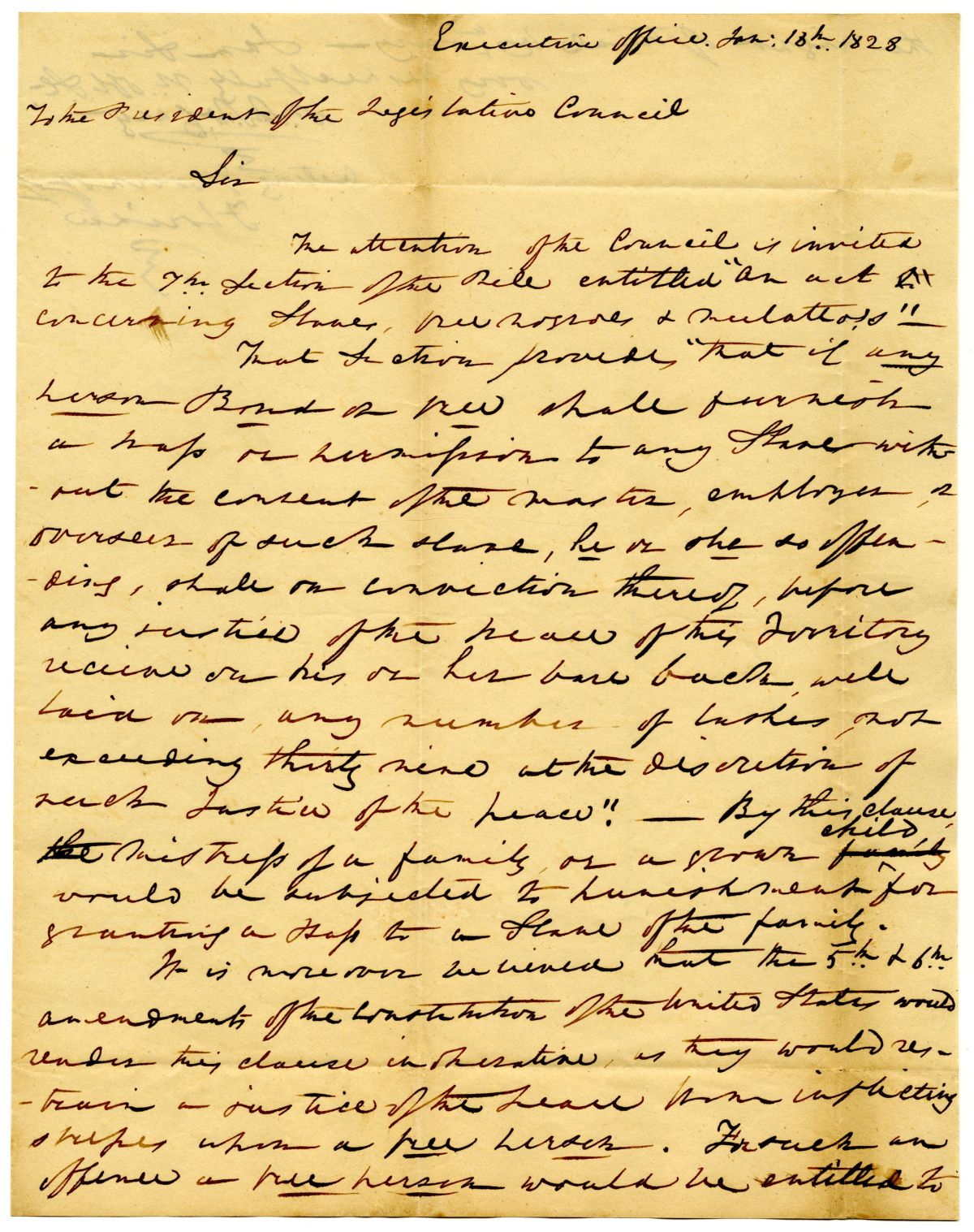 Letter from Acting Governor William McCarty to the President of the Territorial Legislative Council Commenting on an Act on Slavery, 1828